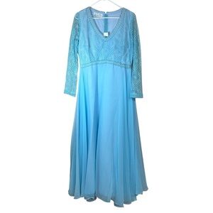 VTG 1970s Bernie Bee NY Long Sleeve Maxi Dress Blue Lace Chiffon Gown AMAZING!